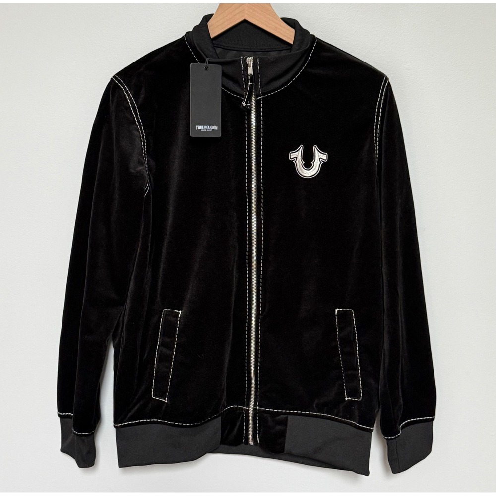 True Religion Mens Big T Velvet Mock Zip Up Jacket Jet Black Size XS New